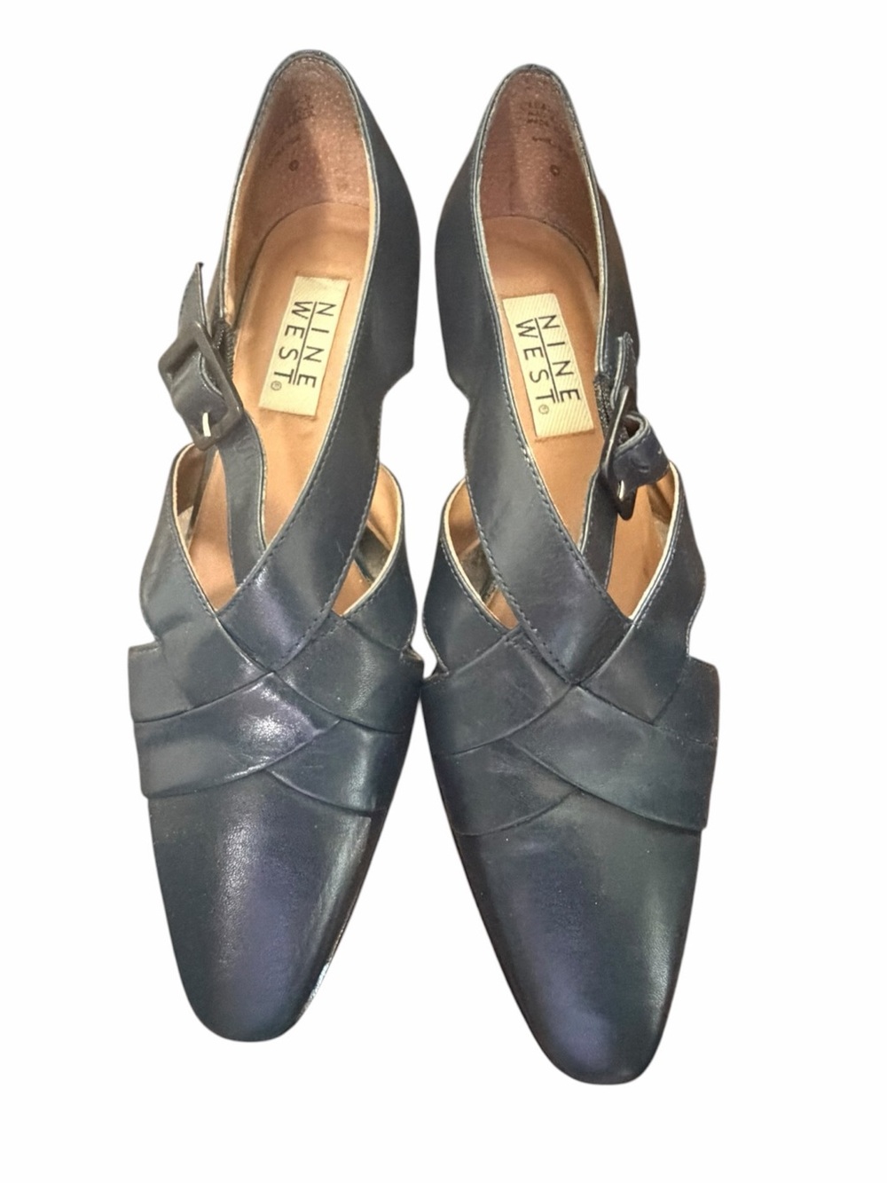 Nine West Navy Leather Pointed-Toe Flats with Buckle 9